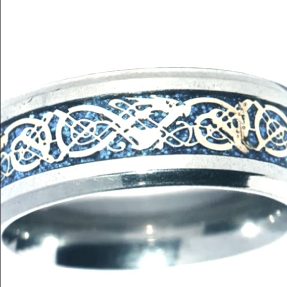 Dragon Tribal Silver Design With Blue Background Silver Band And Beveled Edge - Picture 5 of 5